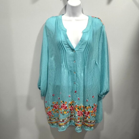 Fig & Flower Turquoise Floral Embroidered Peasant Tunic Top Boho Plus Size 2X - Picture 6 of 10